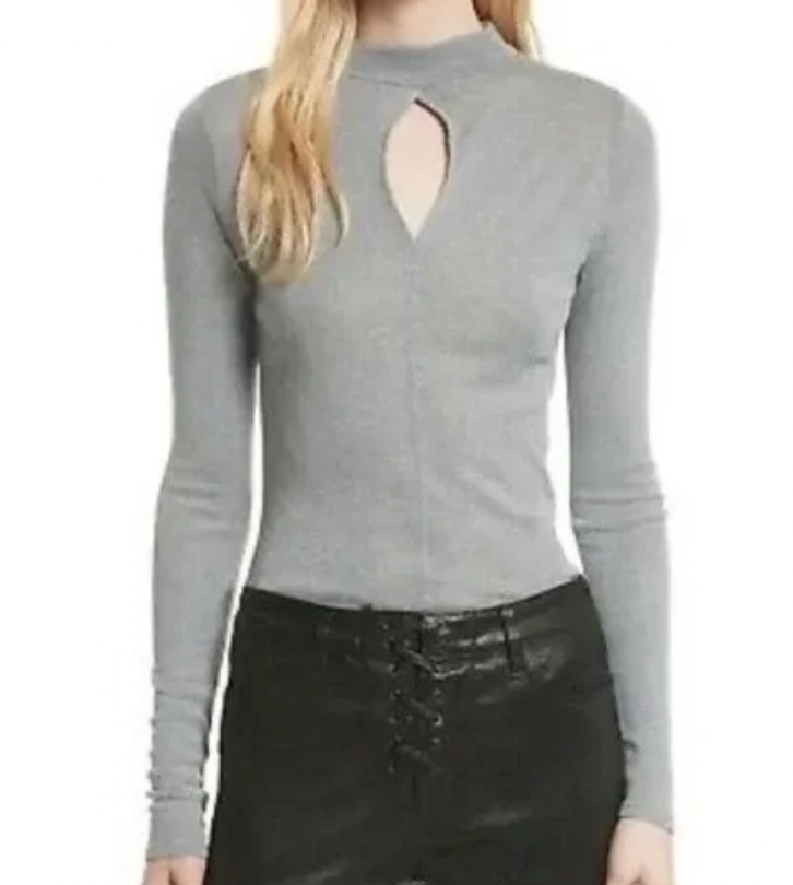 Frame- Mock-neck Keyhole Long-sleeve Silk Top In Grey- XS