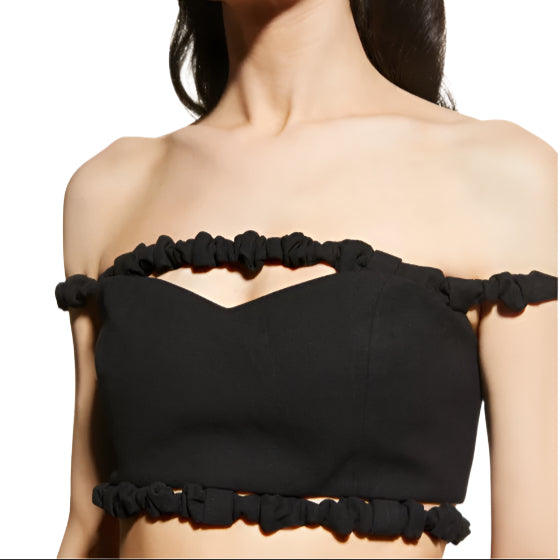 Ganni Ladies Black Suiting Strapless Crop Top - 34