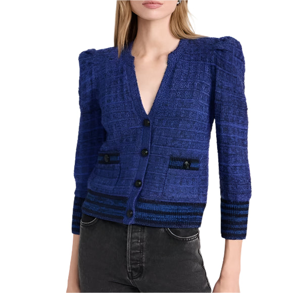 L'agence Blue Jenni Puff Sleeve V-Neck Waffle Knit Cardigan Blazer - XS