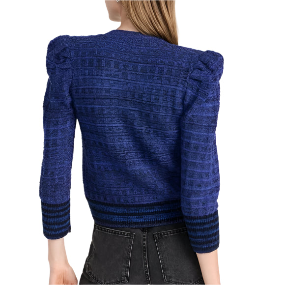 L'agence Blue Jenni Puff Sleeve V-Neck Waffle Knit Cardigan Blazer - XS