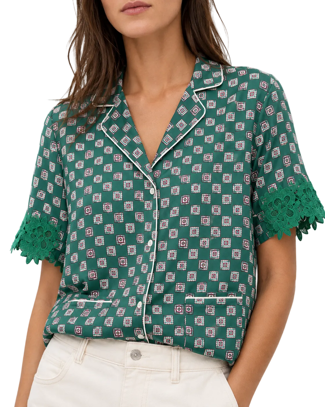 Sandro Printed Pyjama Shirt With Lace Trim