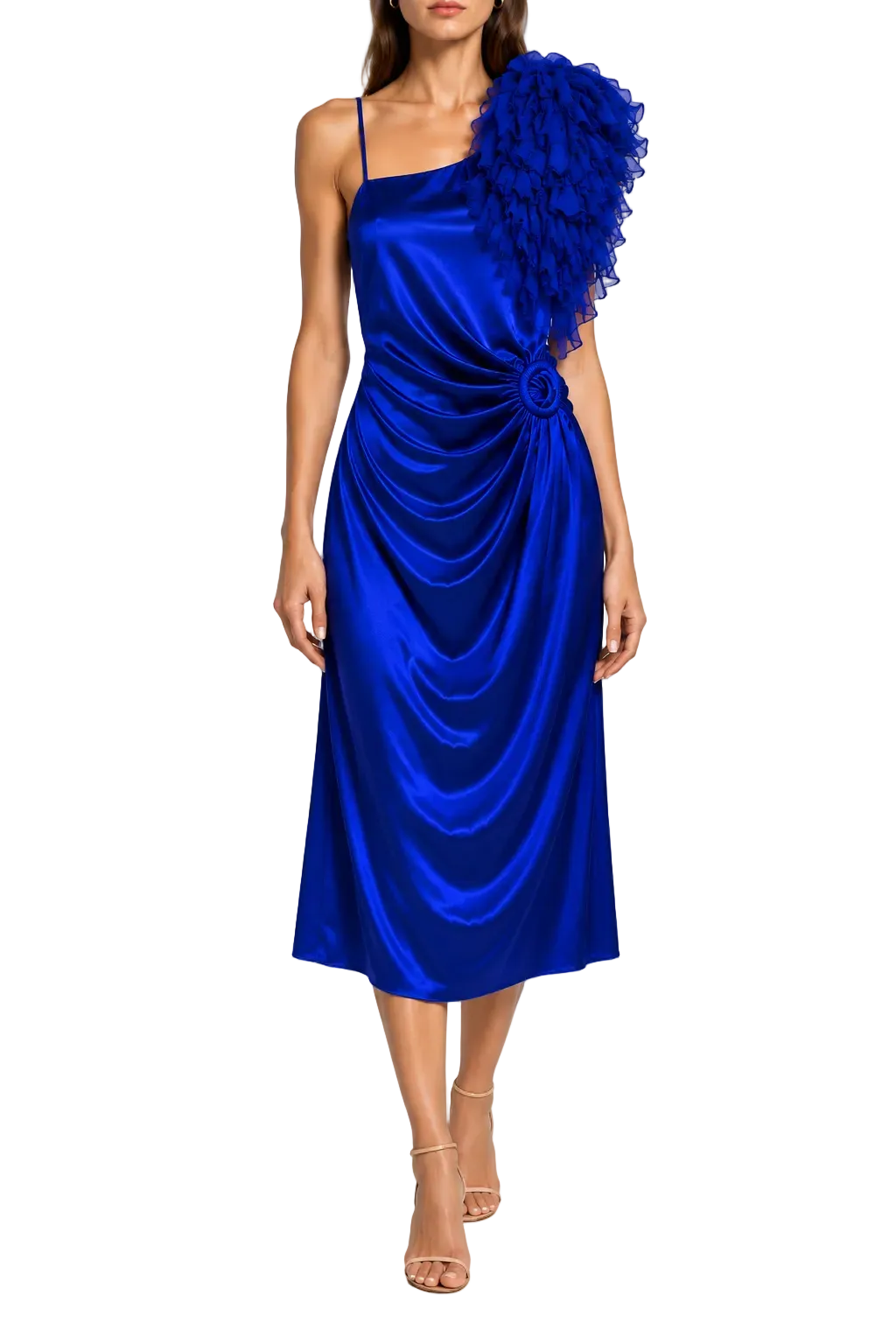 Roberto Cavalli Royal Blue Silk One-Shoulder Ruffle Dress - 40