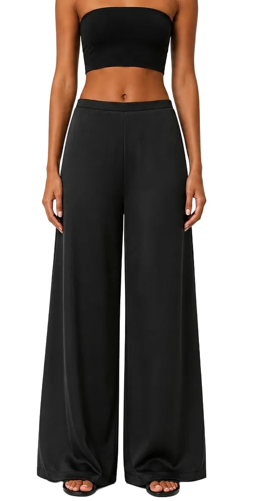 La Ligne Black Satin Wide-Leg Pull-On Pants - M