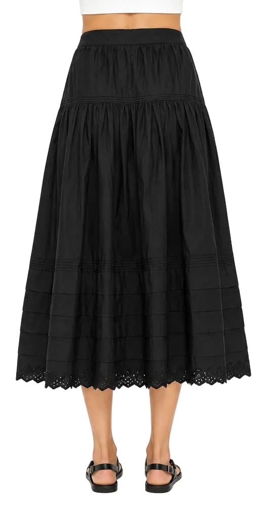 DÔEN  Black Organic Cotton Eyelet-Hem Tiered Midi Skirt - M