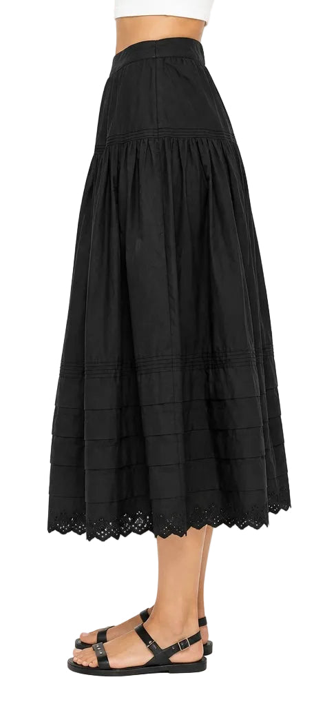 DÔEN  Black Organic Cotton Eyelet-Hem Tiered Midi Skirt - M