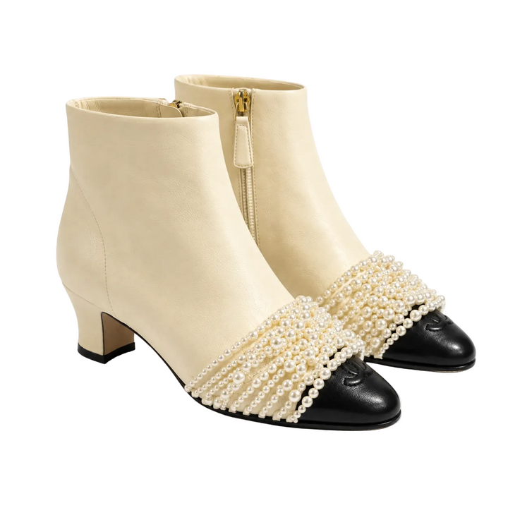 Chanel Pearl - Embellished Cap Toe Ankle Boots - 37.5