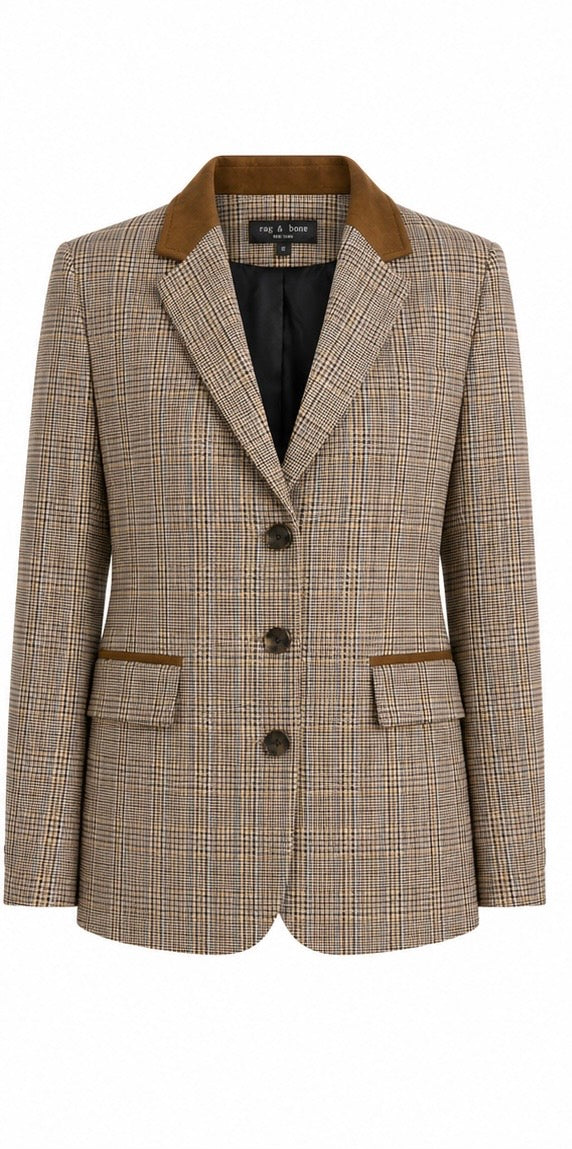 Rag &amp; bone Prince of Wales Plaid Blazer with Suede Collar Trim - 6
