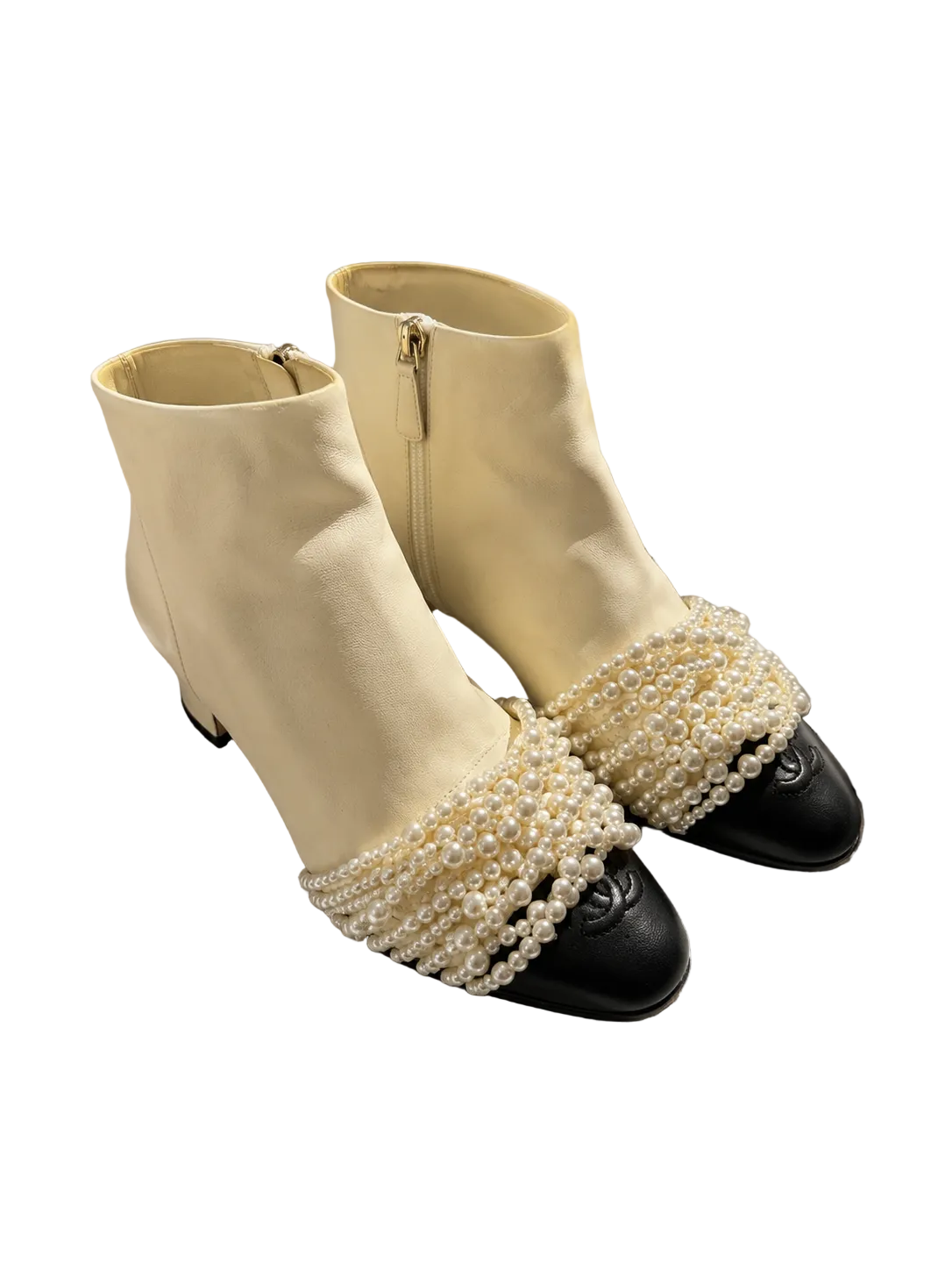 Chanel Pearl - Embellished Cap Toe Ankle Boots - 37.5