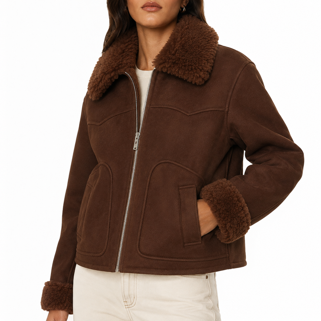Mango Brown Faux-Suede / Shearing - Style Zip Jacket - M