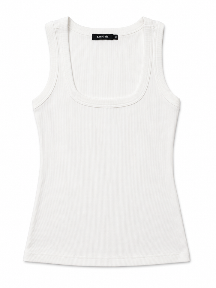 Easygala - White Ribbed Square / Scoop Neck Tank - M