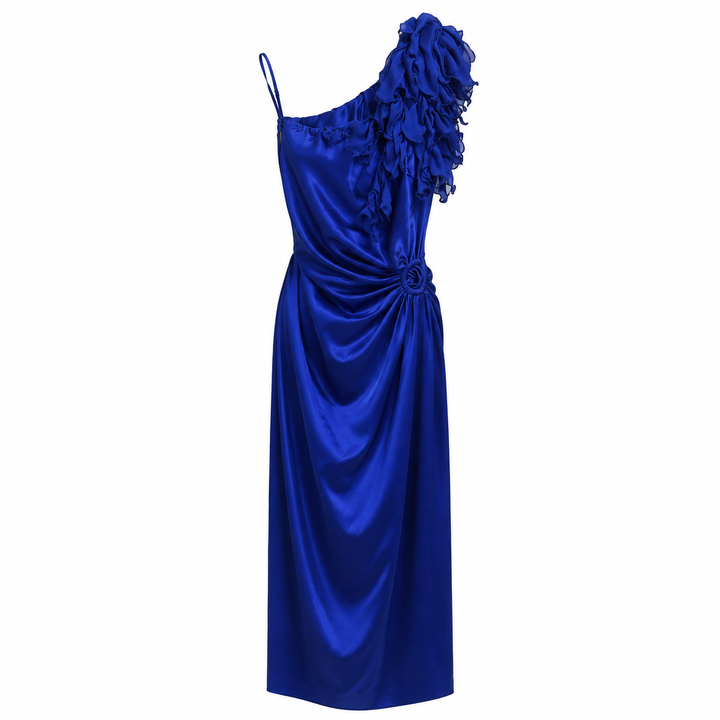 Roberto Cavalli Royal Blue Silk One-Shoulder Ruffle Dress - 40