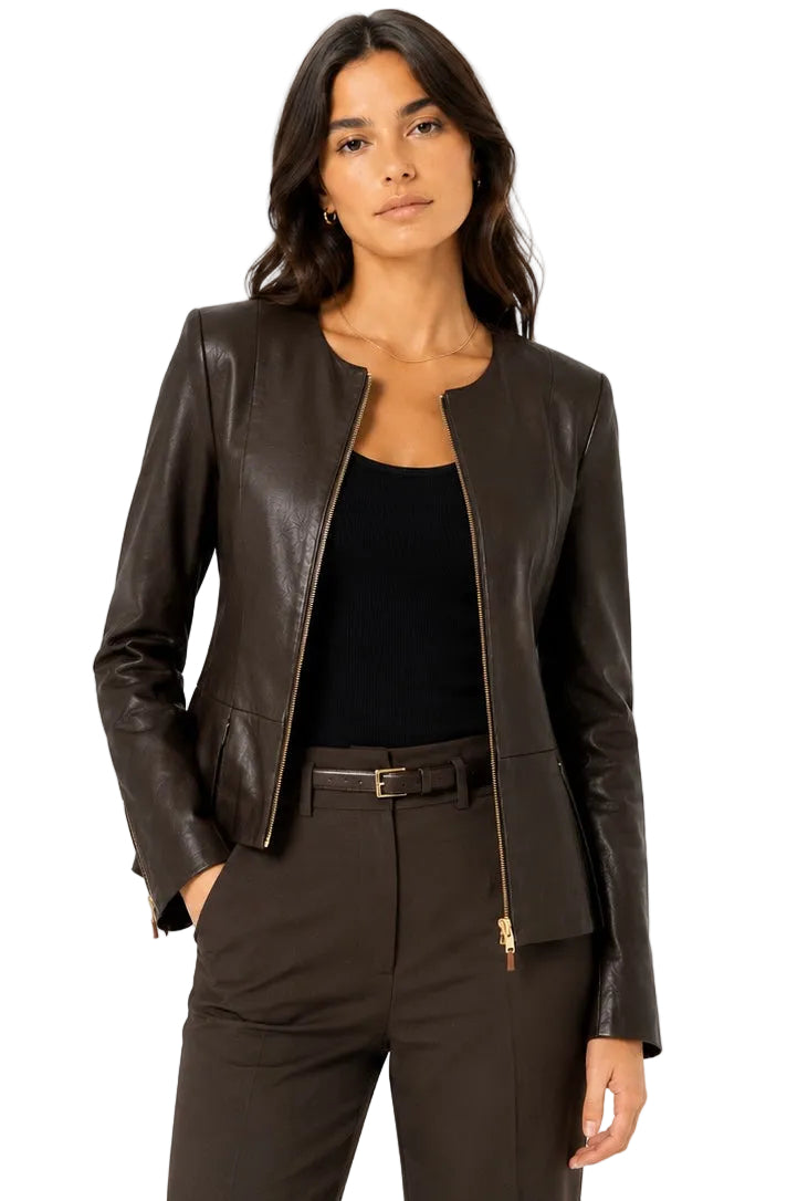 The Row Collarless Zip-Front Lambskin Leather Jacket (Peplum Hem) - 6