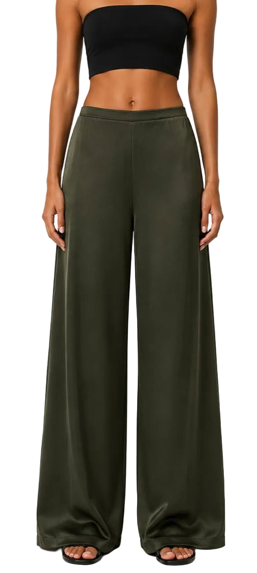 La Ligne Colby Wide-Leg Satin Pants Olive Green - M