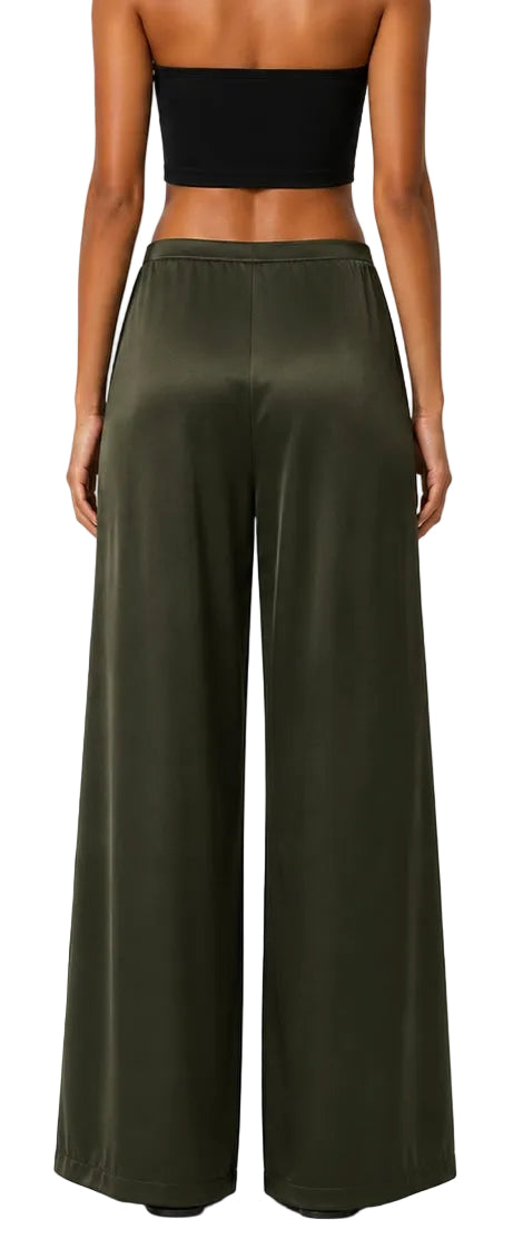 La Ligne Colby Wide-Leg Satin Pants Olive Green - M