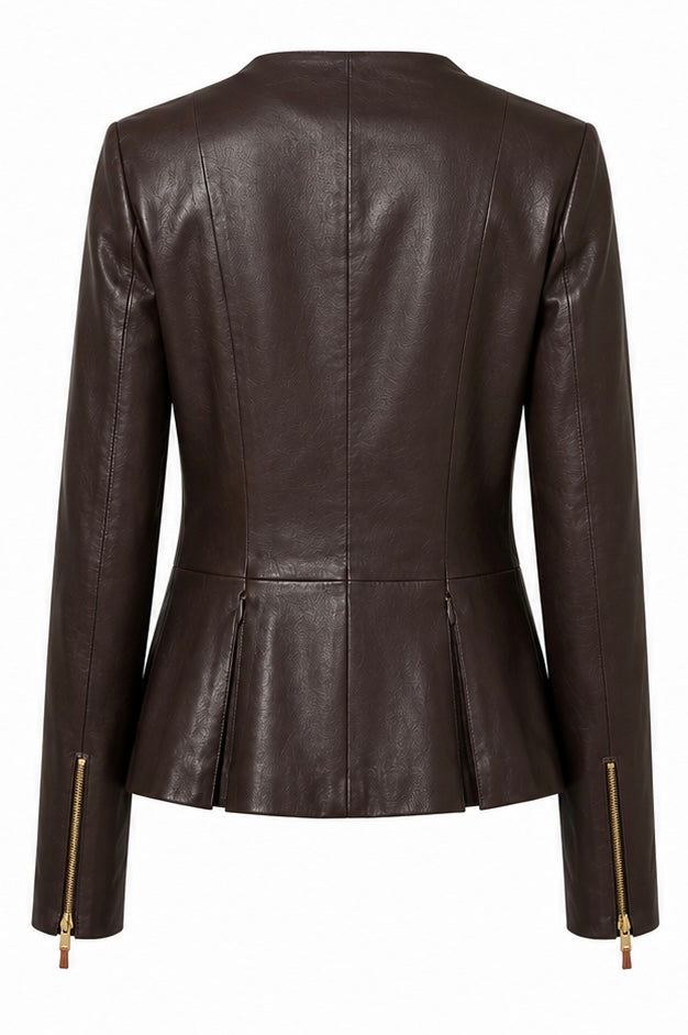 The Row Collarless Zip-Front Lambskin Leather Jacket (Peplum Hem) - 6