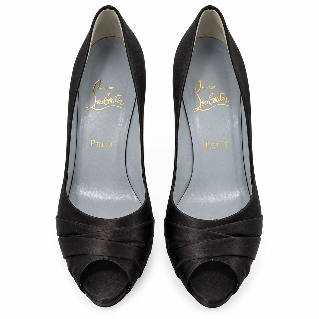 Christian Louboutin Black Satin Pleated Peep-Toe Pumps - EU 40