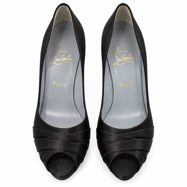 Christian Louboutin Black Satin Pleated Peep-Toe Pumps - EU 40
