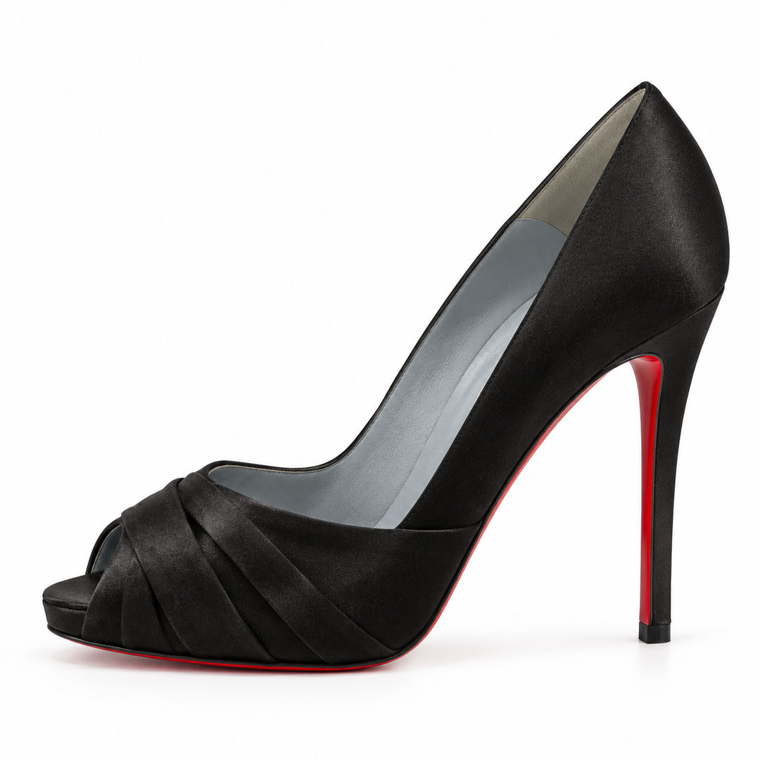 Christian Louboutin Black Satin Pleated Peep-Toe Pumps - EU 40