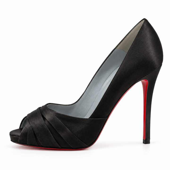 Christian Louboutin Black Satin Pleated Peep-Toe Pumps - EU 40