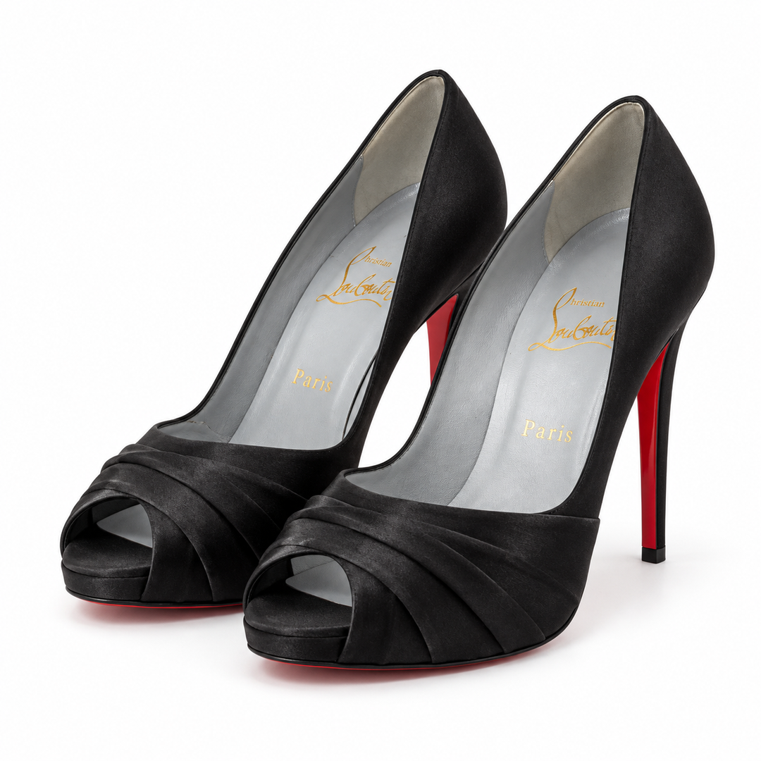 Christian Louboutin Black Satin Pleated Peep-Toe Pumps - EU 40