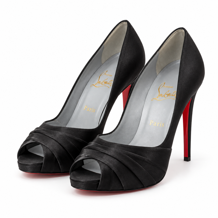 Christian Louboutin Black Satin Pleated Peep-Toe Pumps - EU 40