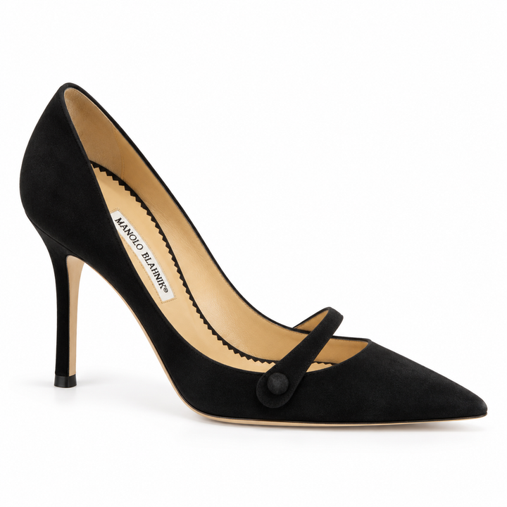 Manolo Blahnik Black Suede Mary Jane Pumps - Size 38