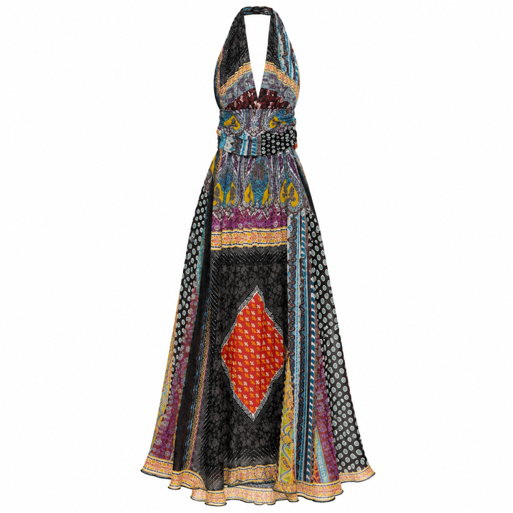 Etro Patchwork-Print Halter Maxi Dress - 42