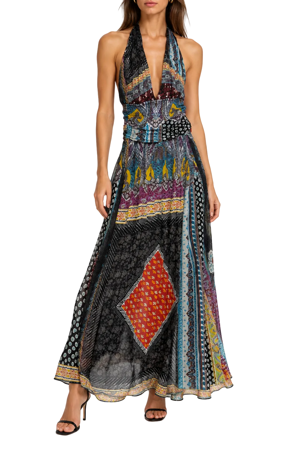 Etro Patchwork-Print Halter Maxi Dress - 42