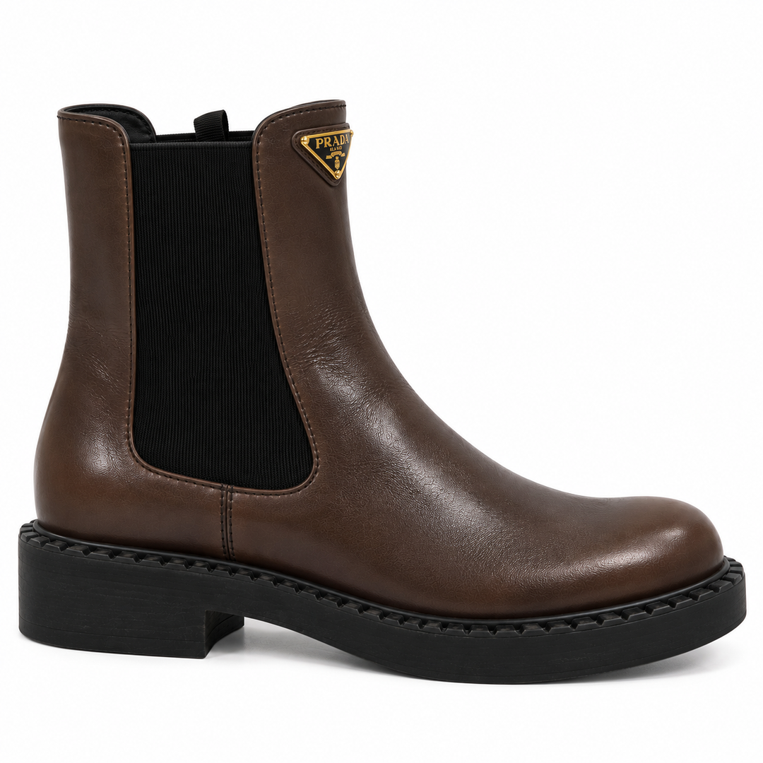 Prada Brushed Leather Triangle Logo Chelsea Boots, Dark Brown - 38.5