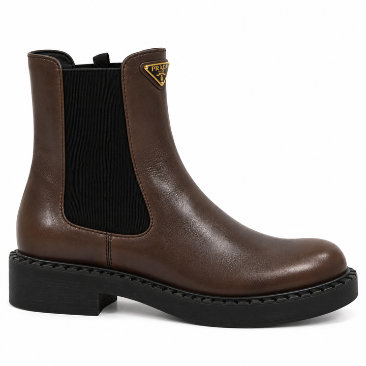 Prada Brushed Leather Triangle Logo Chelsea Boots, Dark Brown - 38.5