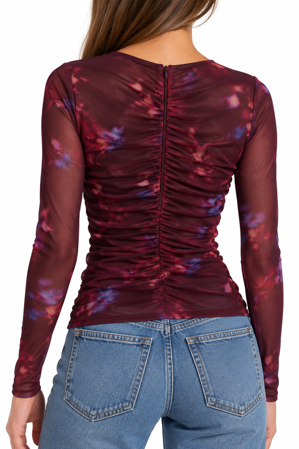 ASTR The Label Yasmine Floral Mesh Ruched Top - M