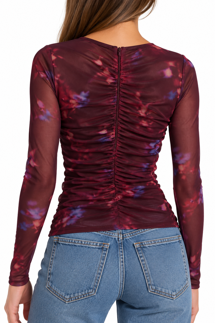 ASTR The Label Yasmine Floral Mesh Ruched Top - M