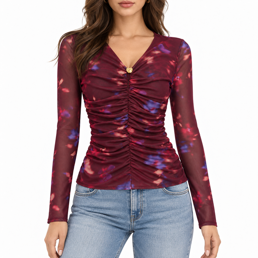 ASTR The Label Yasmine Floral Mesh Ruched Top - M