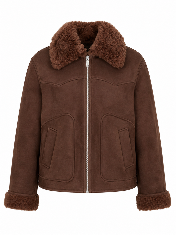 Mango Brown Faux-Suede / Shearing - Style Zip Jacket - M