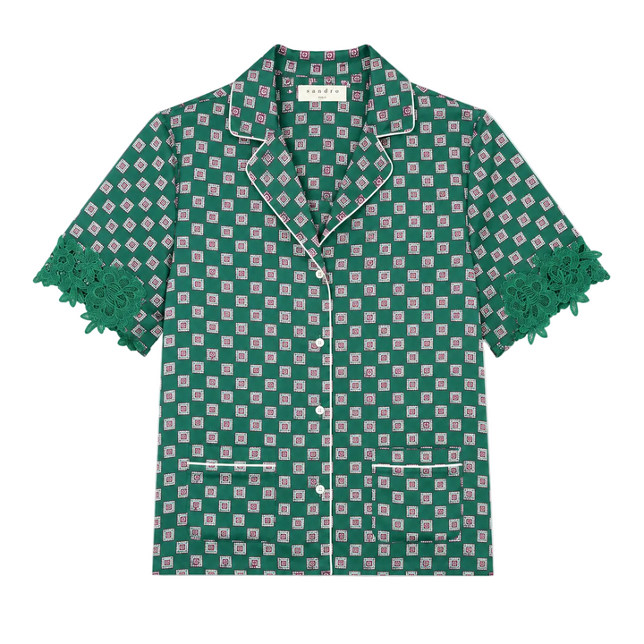 Sandro Printed Pyjama Shirt With Lace Trim - S