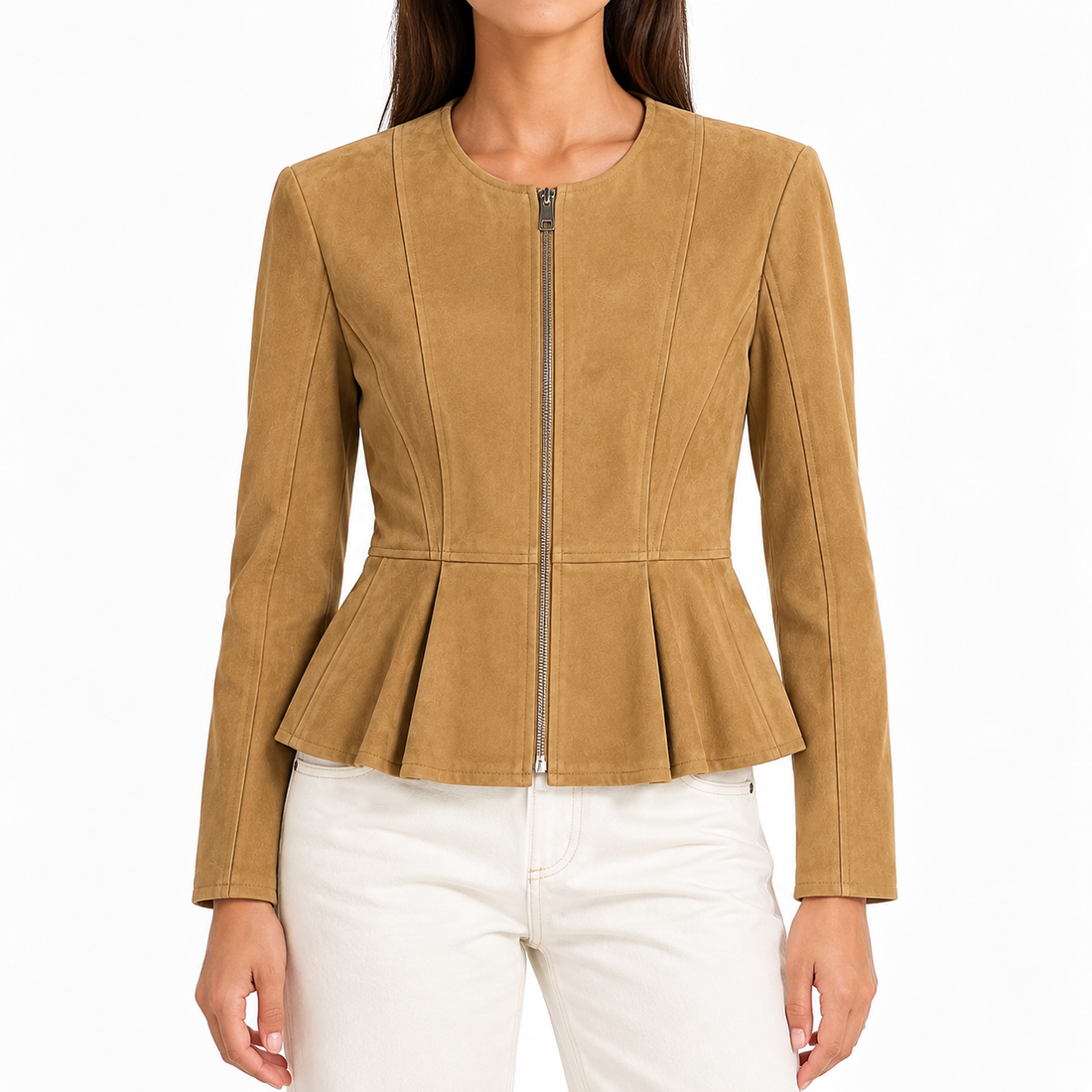 Zara Belted Faux-Suede Peplum Jacket, Camel - S