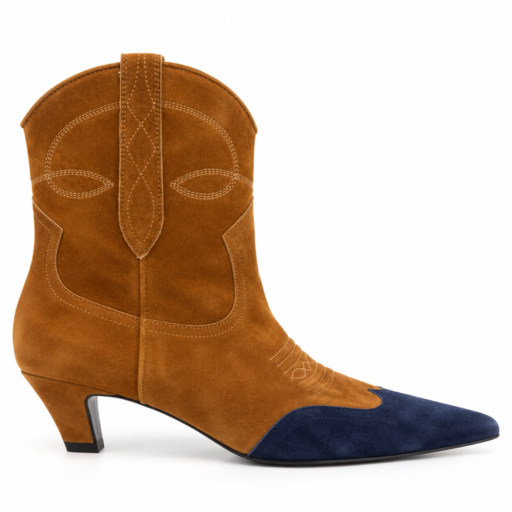 KHAITE Dallas Western Suede Ankle Boots, Navy &amp; Brown - 37