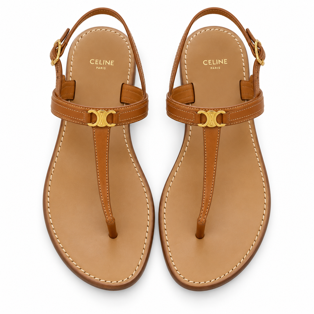 Celine Lympia Triomphe Thong Sandals in Tan Calfskin - 38