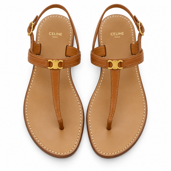 Celine Lympia Triomphe Thong Sandals in Tan Calfskin - 38