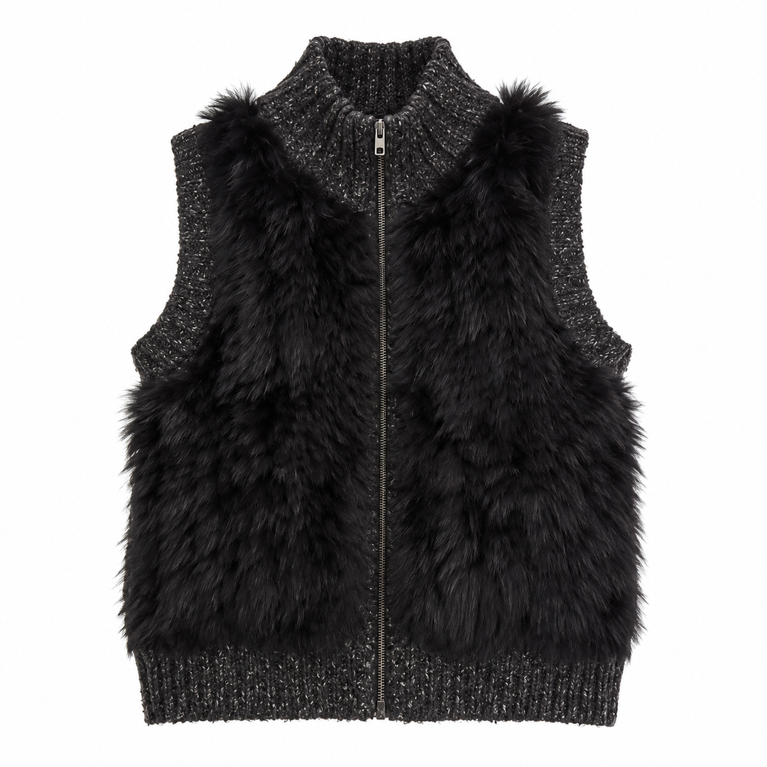 Line Rabbit-Fur Trim Knit Zip Vest, Charcoal - XS