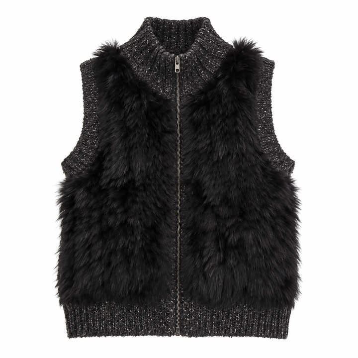 Line Rabbit-Fur Trim Knit Zip Vest, Charcoal - XS