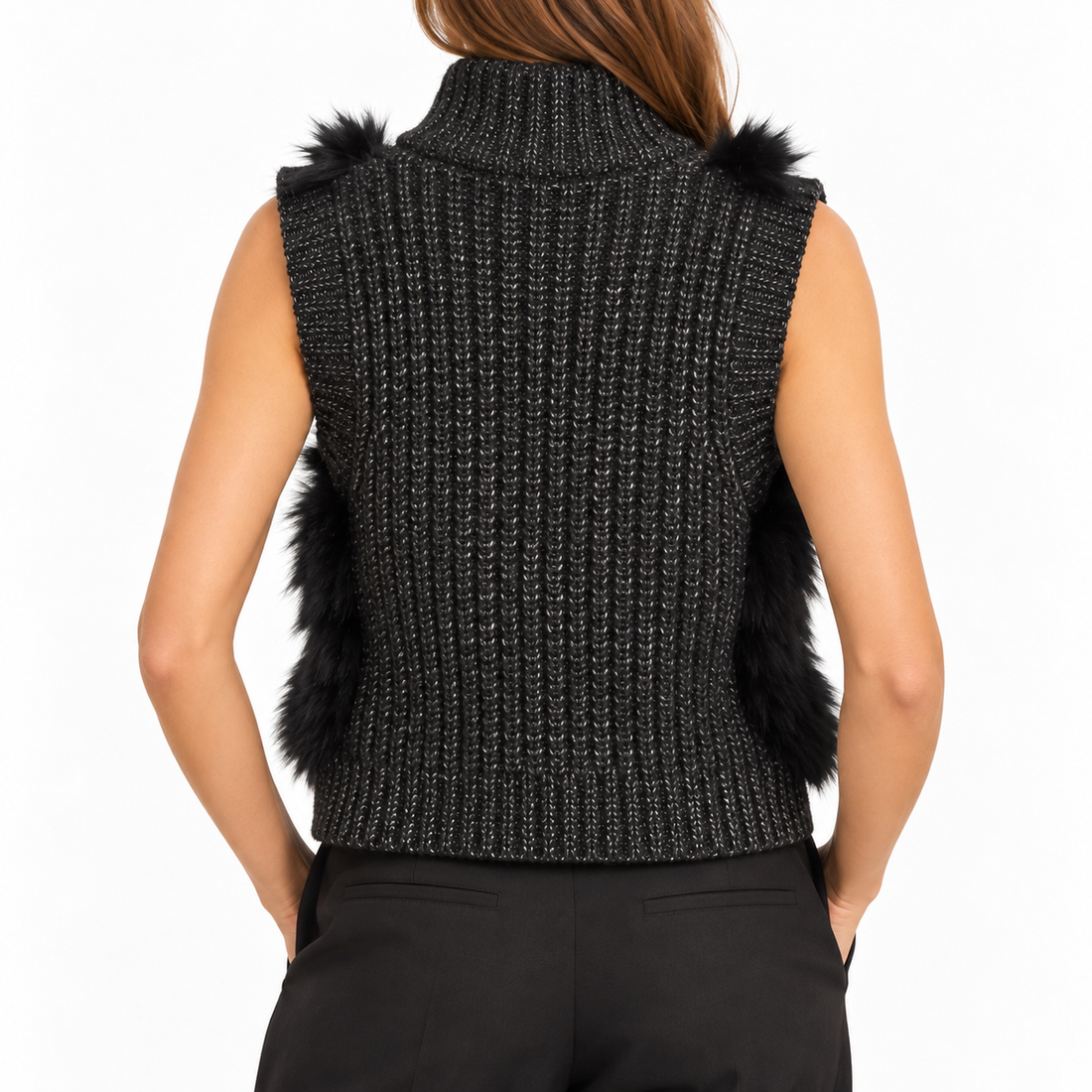 Line Rabbit-Fur Trim Knit Zip Vest, Charcoal - XS