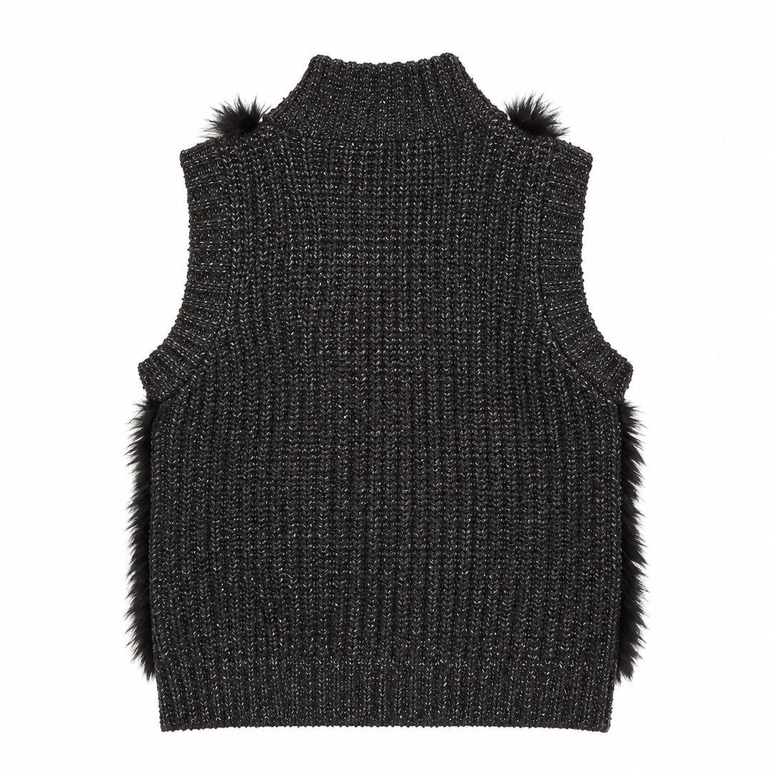 Line Rabbit-Fur Trim Knit Zip Vest, Charcoal - XS