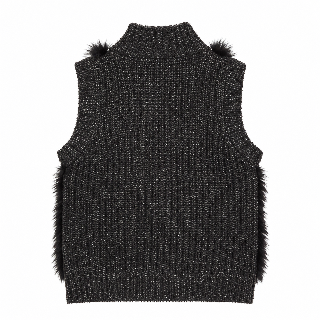 Line Rabbit-Fur Trim Knit Zip Vest, Charcoal - XS