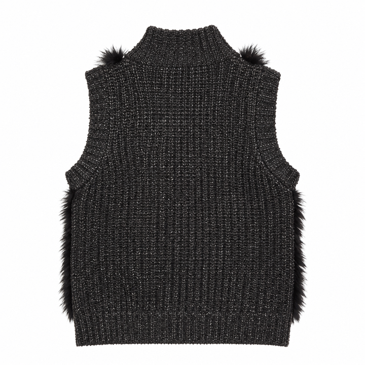 Line Rabbit-Fur Trim Knit Zip Vest, Charcoal - XS