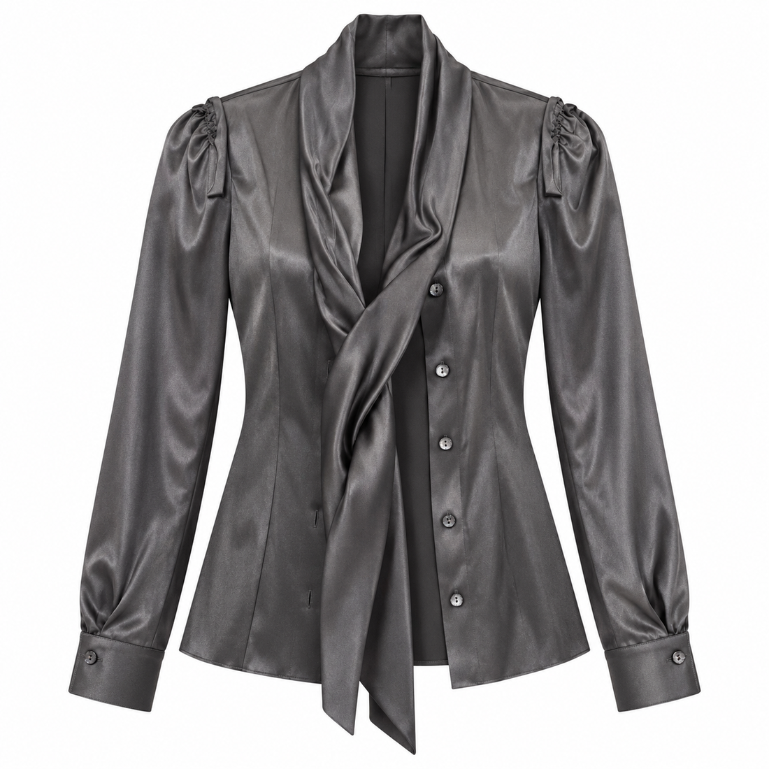 Dolce & Gabbana Gray Silk Tie-Neck Blouse - IT 40