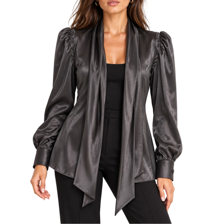 Dolce &amp; Gabbana Gray Silk Tie-Neck Blouse - IT 40