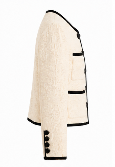 Veronica Beard Cream Textured Cropped Jacket with Black Contrast Trim - 6