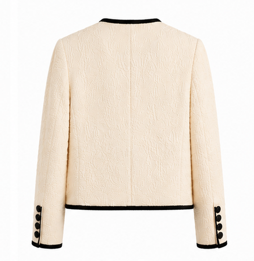 Veronica Beard Cream Textured Cropped Jacket with Black Contrast Trim - 6