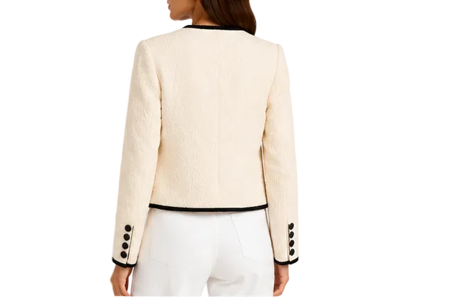 Veronica Beard Cream Textured Cropped Jacket with Black Contrast Trim - 6